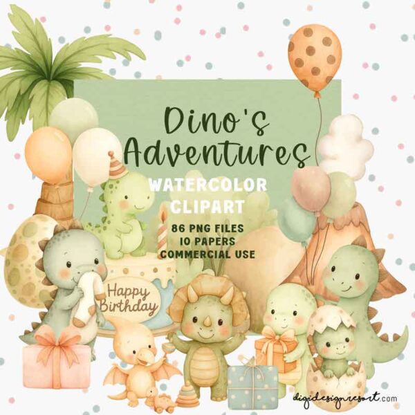 Dino’s Adventures Watercolour Clipart Set – Cute Dinosaur