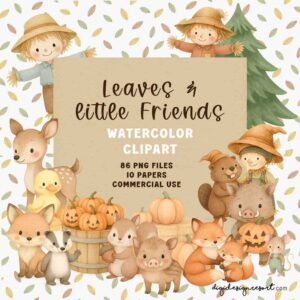 Leaves and Little Friends – Watercolor Fall Forest Clipart Set