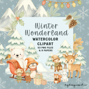 Winter Wonderland Watercolour Clipart Set – Cute Winter Animals, Kids & Snowy Elements