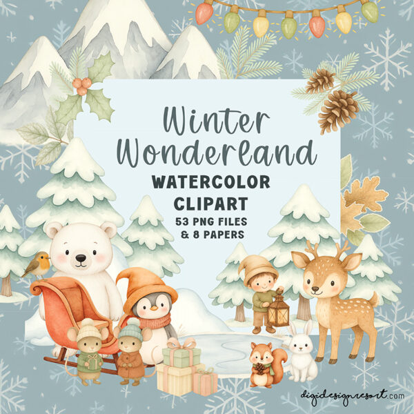 Winter Wonderland Watercolour Clipart Set – Cute Winter Animals, Kids & Snowy Elements