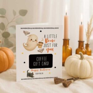 Printable Halloween Coffee Gift Card Holder – Editable with Corjl – “A Little Brew Just for You” – Cute Ghost Design