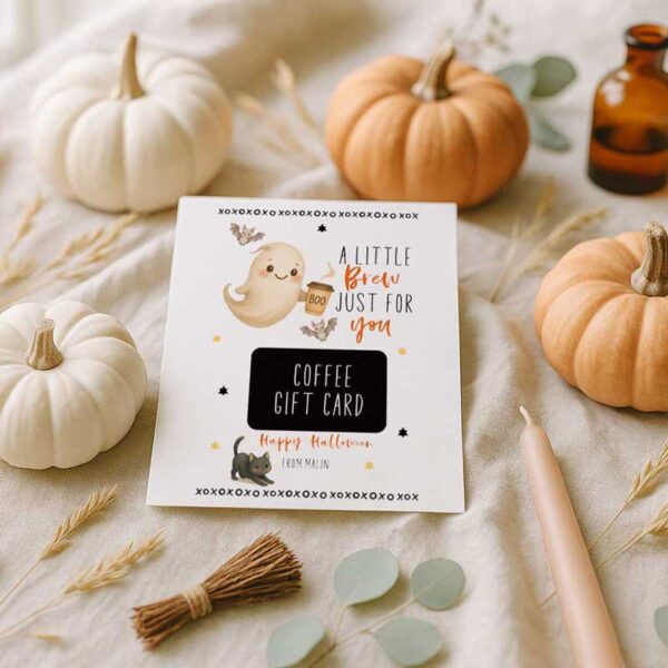 Printable Halloween Coffee Gift Card Holder – Editable with Corjl – “A Little Brew Just for You” – Cute Ghost Design - Image 2