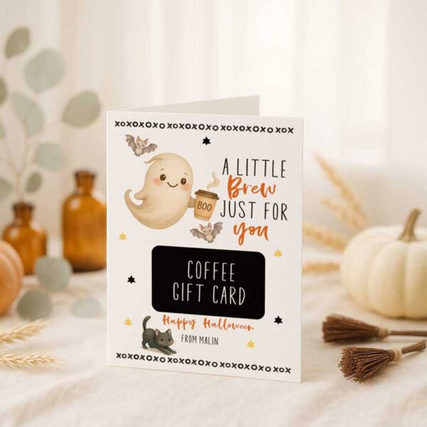 Printable Halloween Coffee Gift Card Holder – Editable with Corjl – “A Little Brew Just for You” – Cute Ghost Design - Image 3