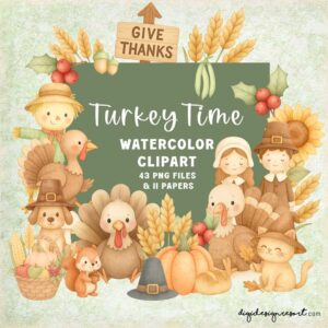 Turkey Time Watercolour Clipart – Cute Thanksgiving Set for Classroom Projects & Printables