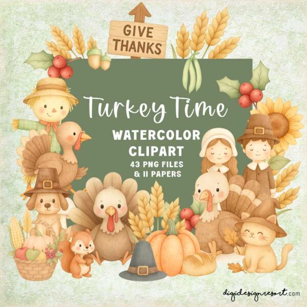 Turkey Time Watercolour Clipart – Cute Thanksgiving Set for Classroom Projects & Printables