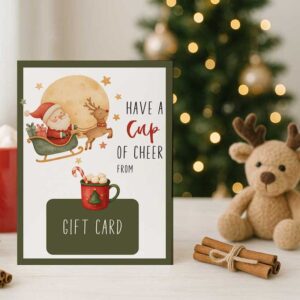Printable Christmas Gift Card Holder – “Cup of Cheer” Santa & Cocoa Design – Editable with Corjl – Instant Download