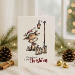 Dreaming of a Cozy Christmas – Printable Christmas Card, Cute Reindeer Holiday Greeting (A4, Folded)