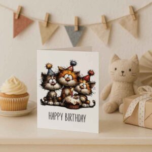 Happy Birthday Card – Funny Cats with Cupcake