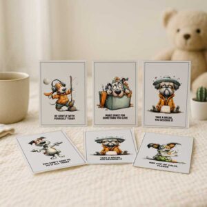 Self Care Card Series – Create a Tiny Moment of Joy (12 Printable A6 Cards, Cute Dog Illustrations)
